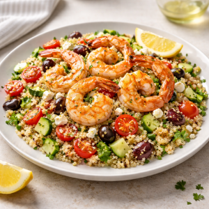 Mediterranean Quinoa Salad with Grilled Shrimp